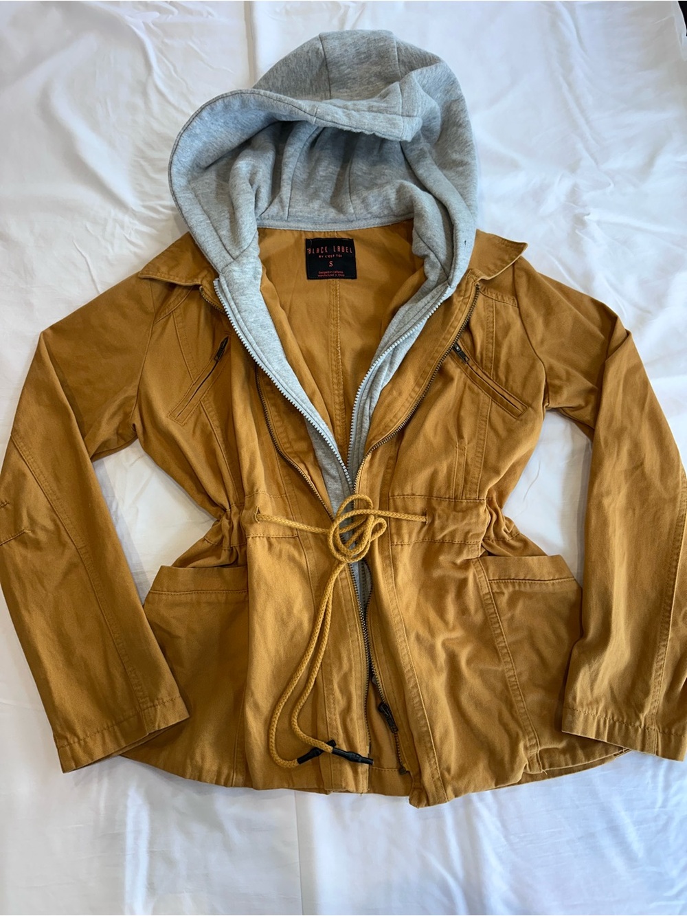 Black Label by C’est Toi Mustard Utility Jacket with Gray Hood